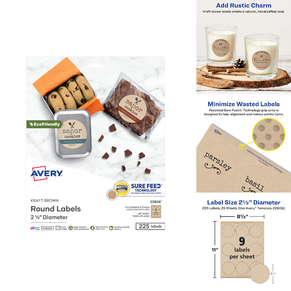 Avery Kraft Brown Round Labels Sure Feed Technology 2.5 Diameter Print To The