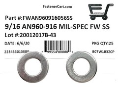 (25) 9/16 AN960-916 Mil-Spec Washers Stainless Steel AN960916 (25 Pieces)