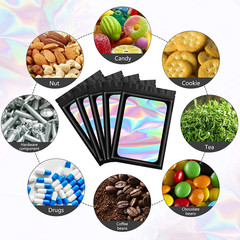 100 Pcs Black Mylar Holographic Resealable Bags,Clear Packaging Bag Odor Proof F