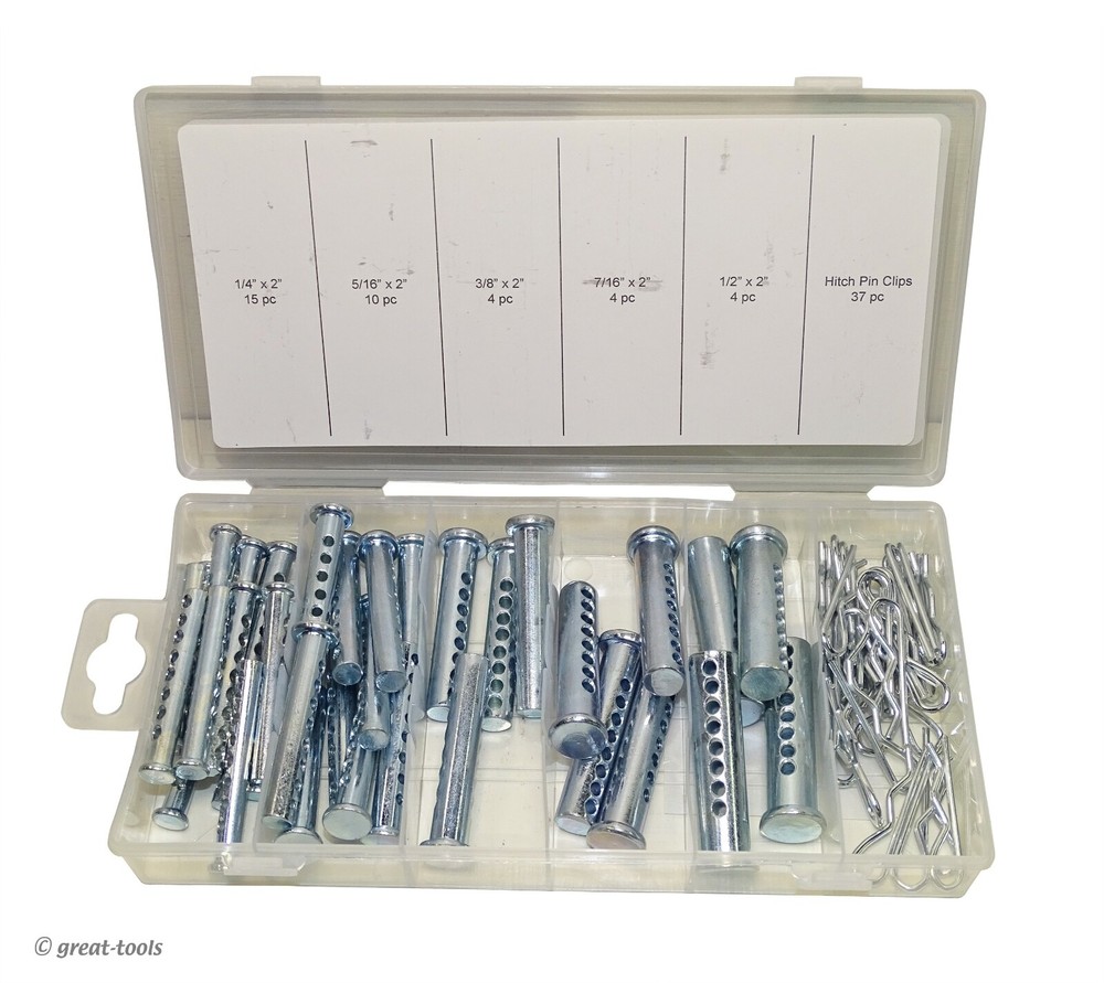 CLEVIS PIN ASSORTMENT – 74 pc set – hitch clips – hardware kit – shop supplies
