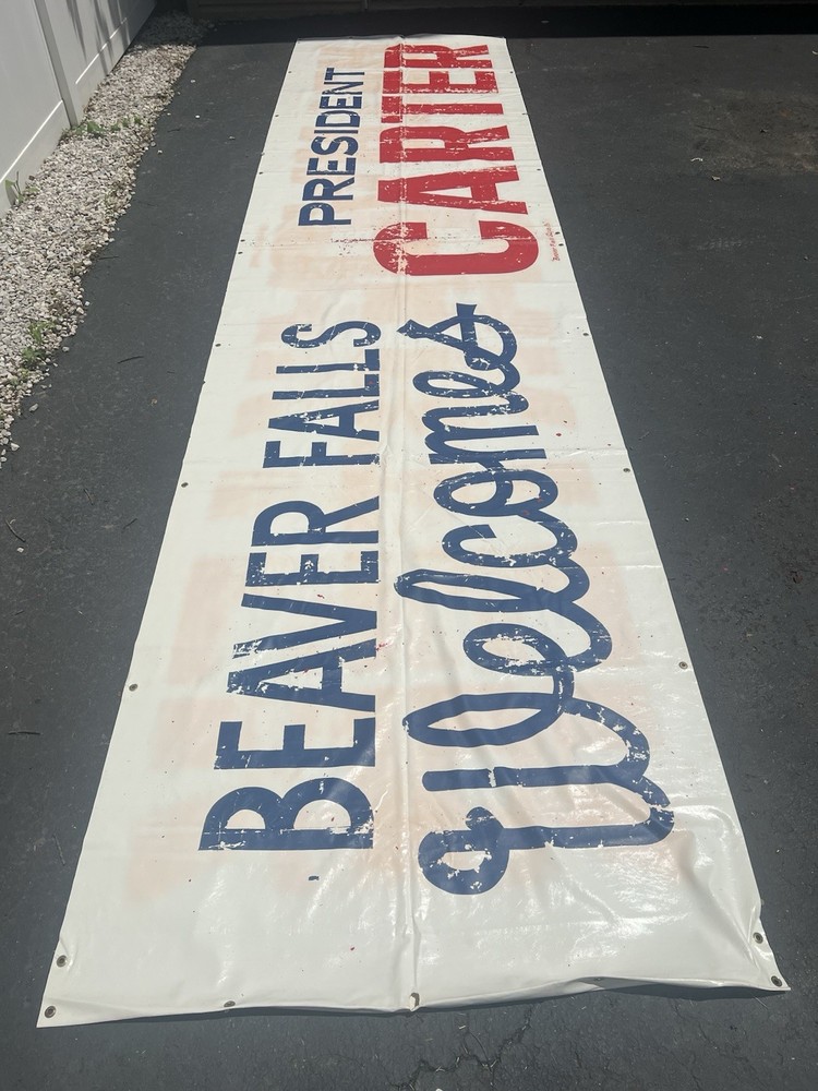 Vintage 1970’s Hand Painted Banner Beaver Falls Welcomes President Carter 19’
