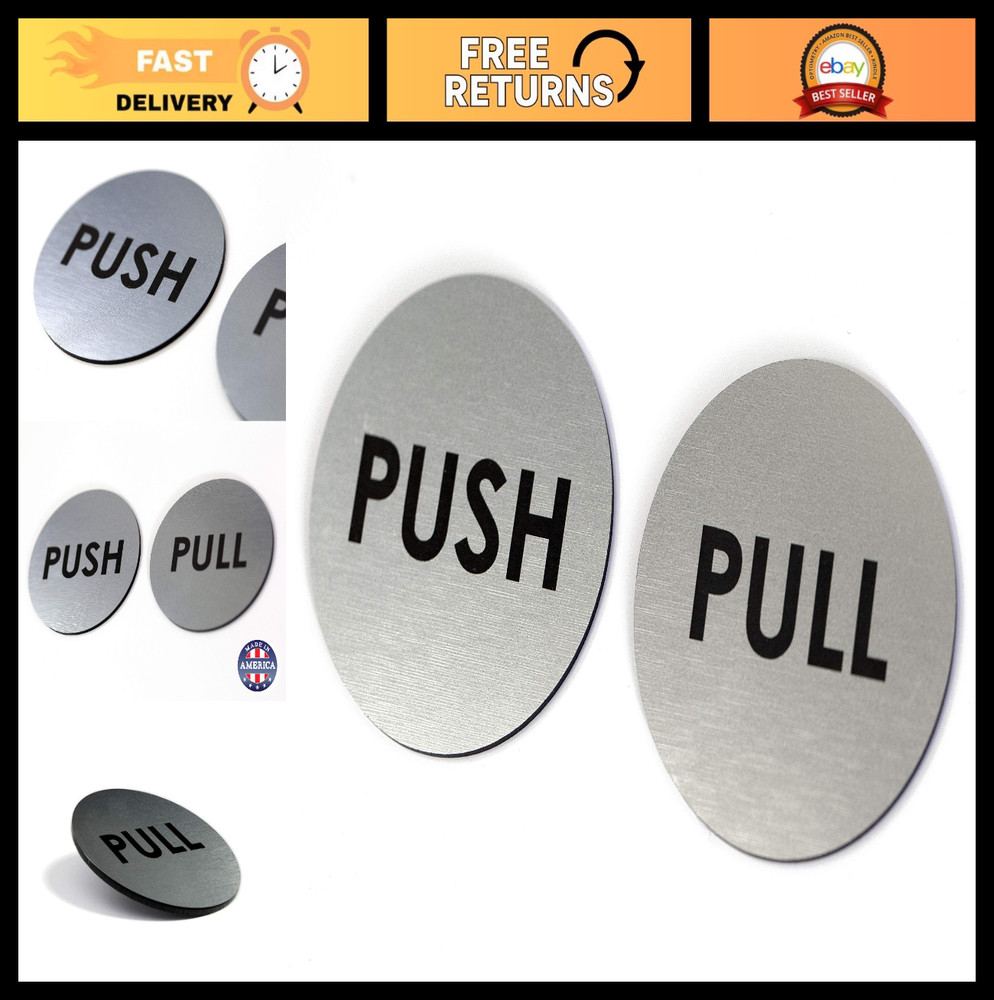 Brushed Silver Push Pull Door Signs – Set of 2, 2″ Round, Laser Engraved, Indoor