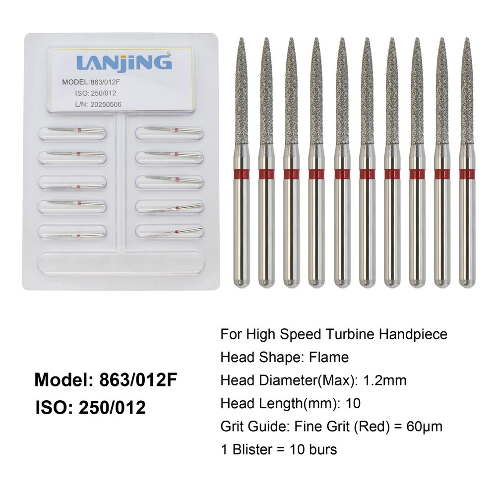 Dental Diamond Burs FG Flame Diamond Bur Fine Grit Red 863/012F High Speed