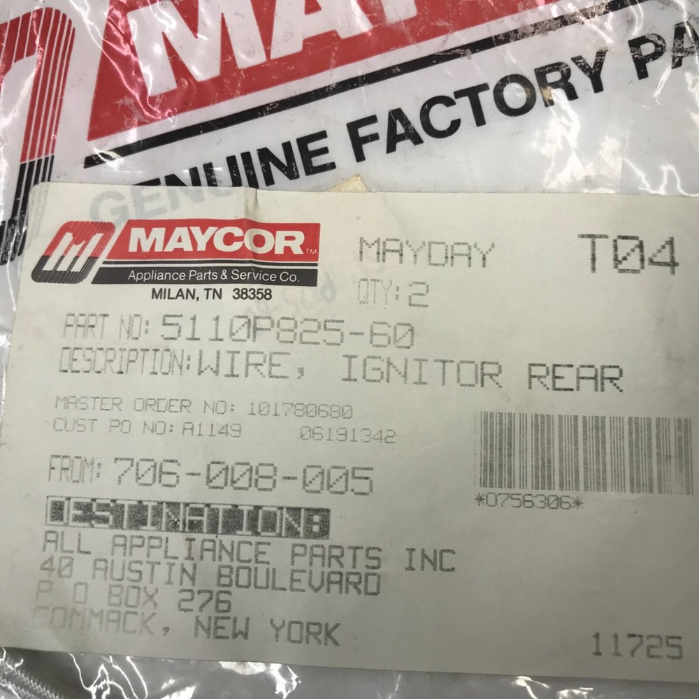 Maycor Rear Igniter Wire #5110P825-60 Whirlpool Magic Chef