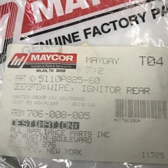 Maycor Rear Igniter Wire #5110P825-60 Whirlpool Magic Chef