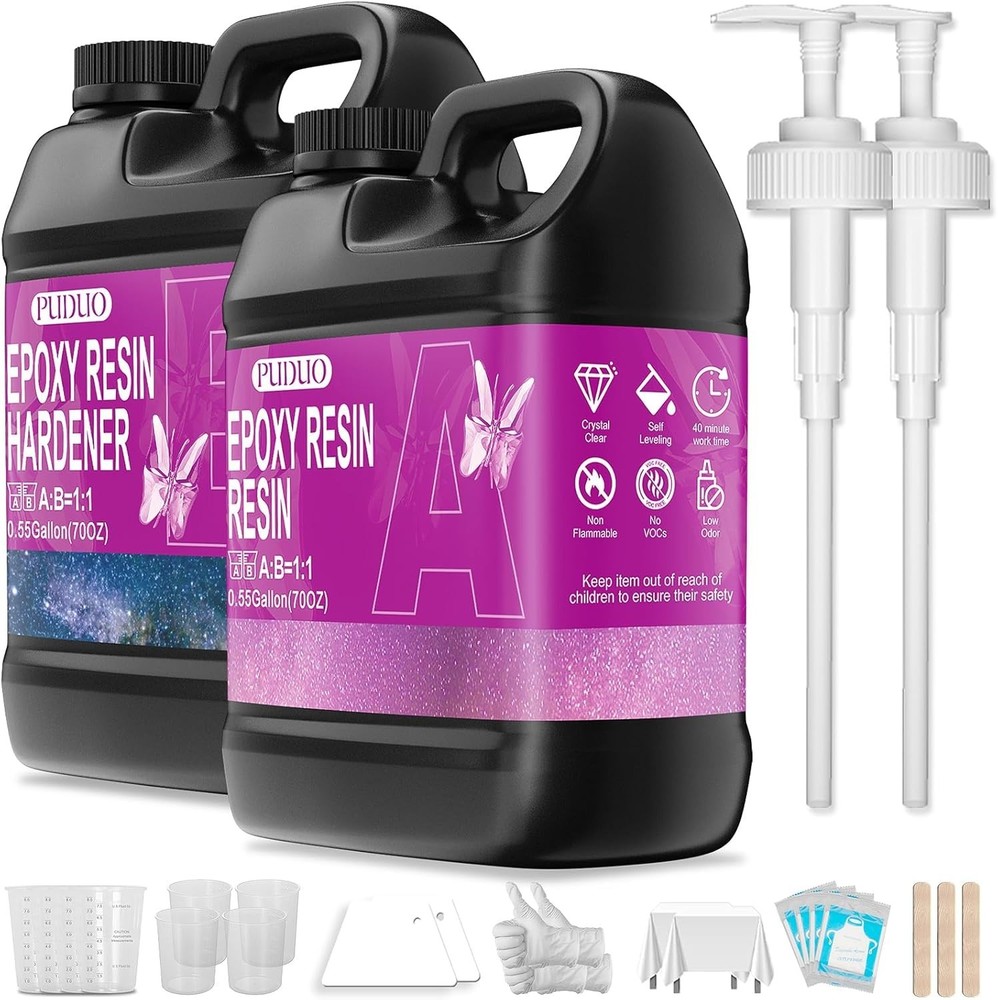 Puduo Epoxy Resin Kit 1.1Gallon，Newly Formulated Crystal 1.1 GALLON, Clear