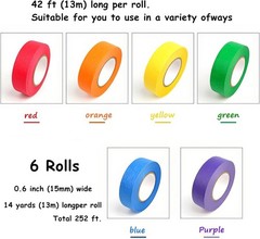 6 Rolls Colored Masking Tape，colored painters tape，0.6″ x14.3Yard Drafting Tape,