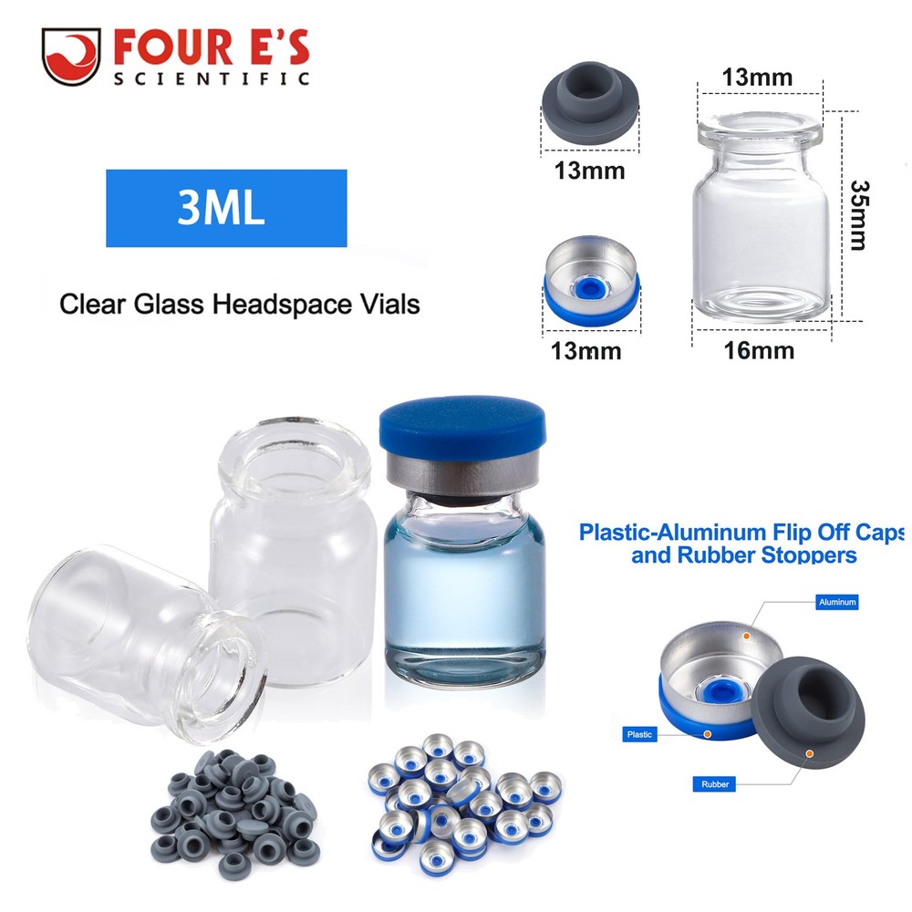 100PCS 3ml Glass Vials Headspace Vials Clear Lab Vials w/ Caps 13mm Crimp Top