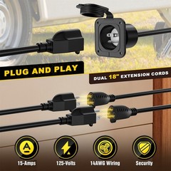 15Amp AC Port Plug,125V Power Inlet Socket w/Dual 18in 14AWG Splitter Extension
