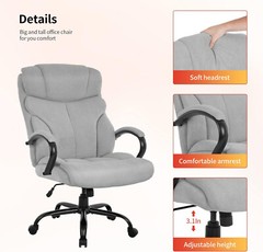 Big and Tall 500lbs Wide Seat Desk Chair with Lumbar Support Arms , Grey