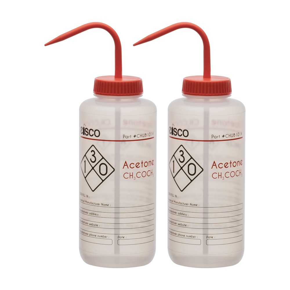 2PK Acetone Wash Bottle, 1000ml – Wide Mouth, Pre-Labeled – LDPE – Eisco Labs
