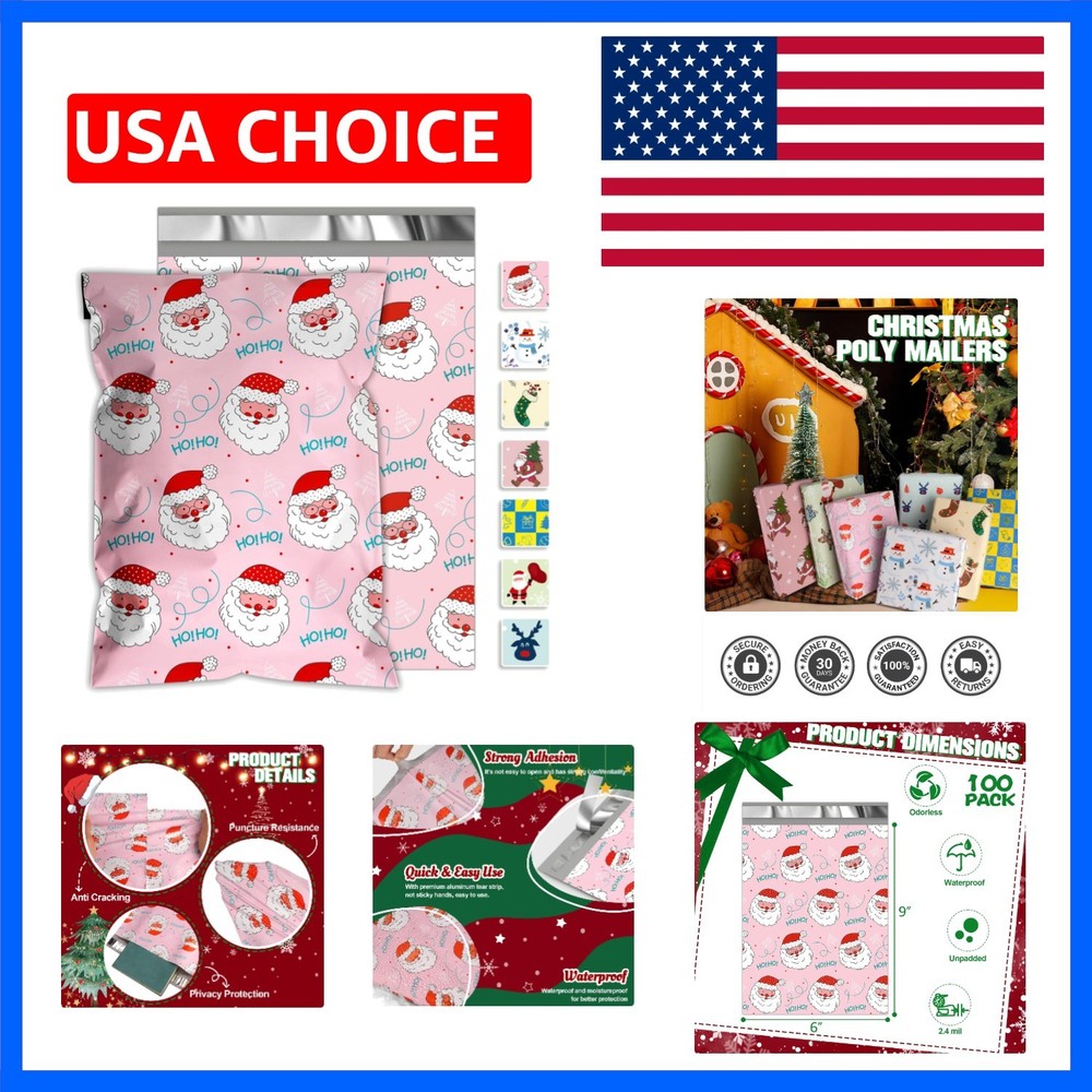 Christmas Poly Mailers 6×9 Inch 100 Pcs – Heavy Duty Tear-Proof Mailings Enve…