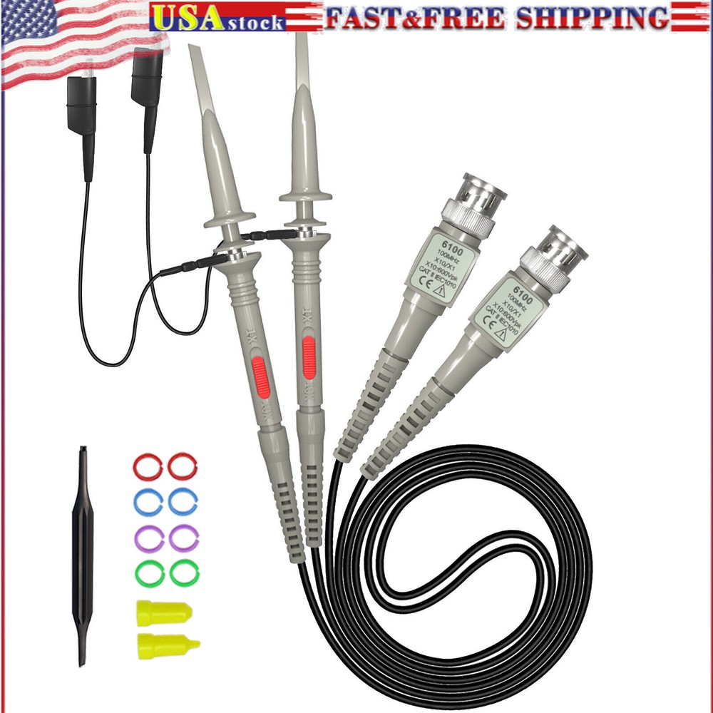 2PCS P6100 Oscilloscope Clip Probes 100MHz with Accessories Kit 1X 10X