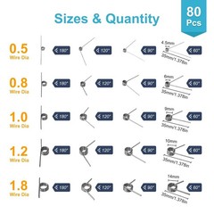 80PCS Torsion Spring Assortment Kit, 20 Sizes 60/90/120/180 Degree Small Torsion