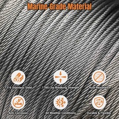 Yessources 500-ft 1/8″ T316 Stainless Steel Cable 7×7 Wire Rope for Deck Railing