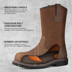 HISEA Mens Wellington Work Boots Steel/Soft Toe Waterproof Leather Western Boots
