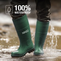 NINGO Men Steel Toe PVC Rain Boots Waterproof Cushioning Safety Work Boots Farm