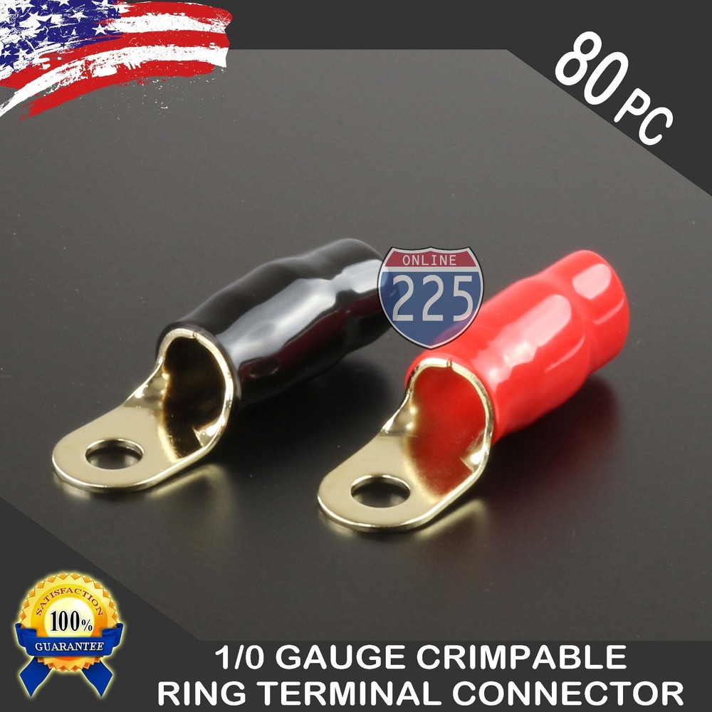 0 Gauge Gold Ring Terminal 80 Pack 1/0 AWG Wire Crimp Red Black Boots 5/16