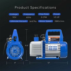 110V 1/2 HP 5 CFM Dual Stage Rotary Vane HVAC Air Vacuum Pump with Oil Bottle