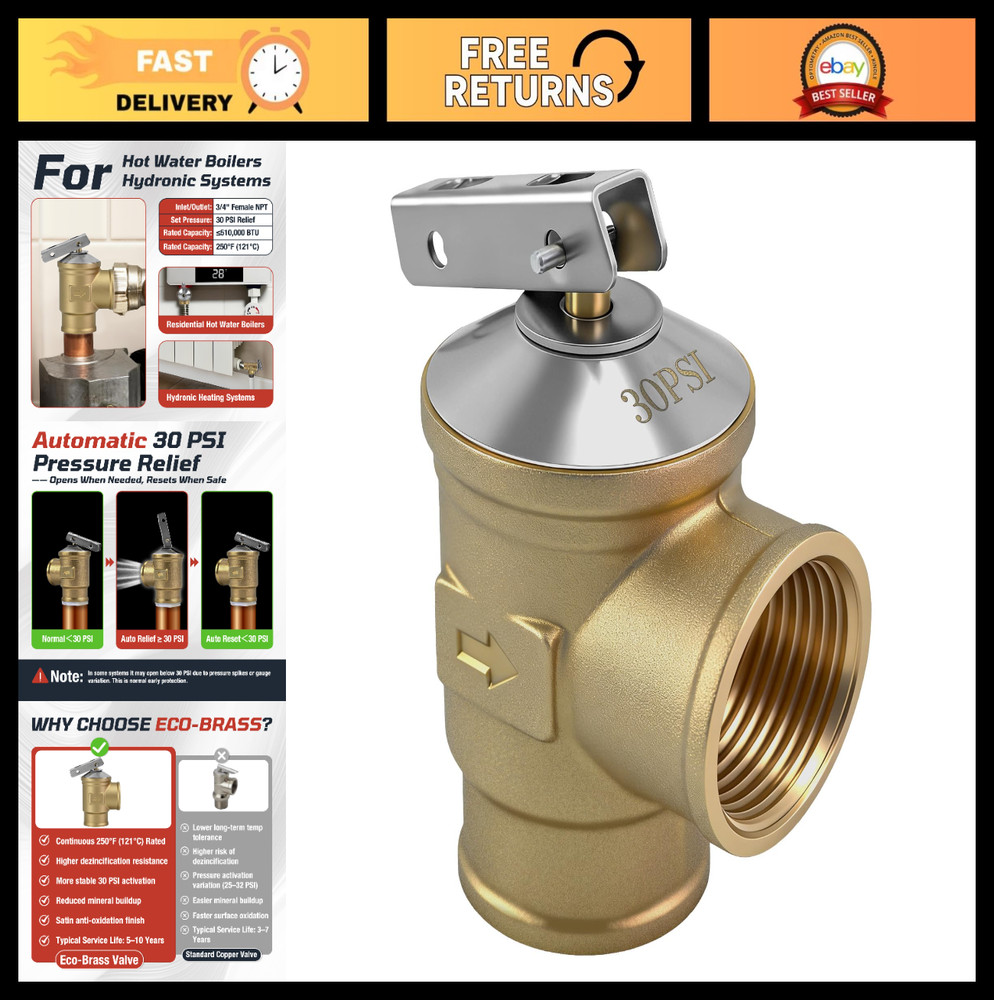30 PSI Automatic Pressure Relief Valve, 3/4″ FNPT, Lead-Free Brass, 510K BTU, Ho