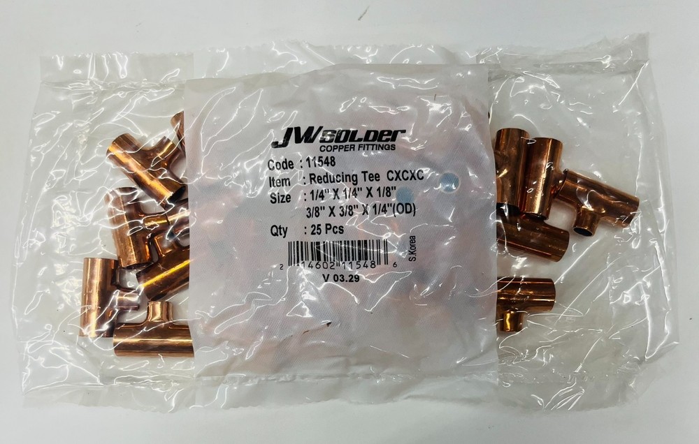 JW Solder Copper Reducing Tee 1/4 x 1/4 x 1/8 CxCxC | 25 Pack