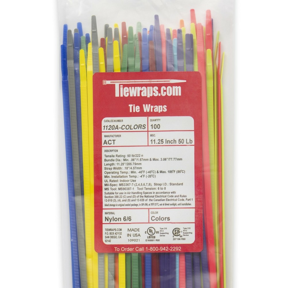 Multi-Color 100 Pack USA Made Tie Wraps 11.25″, 50Lb