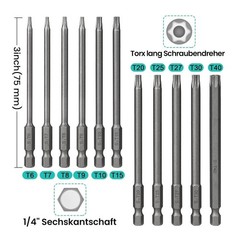 12 Piece Torx Screwdriver Set T6-T40, 1/4″ Magnetic with Hole Silver
