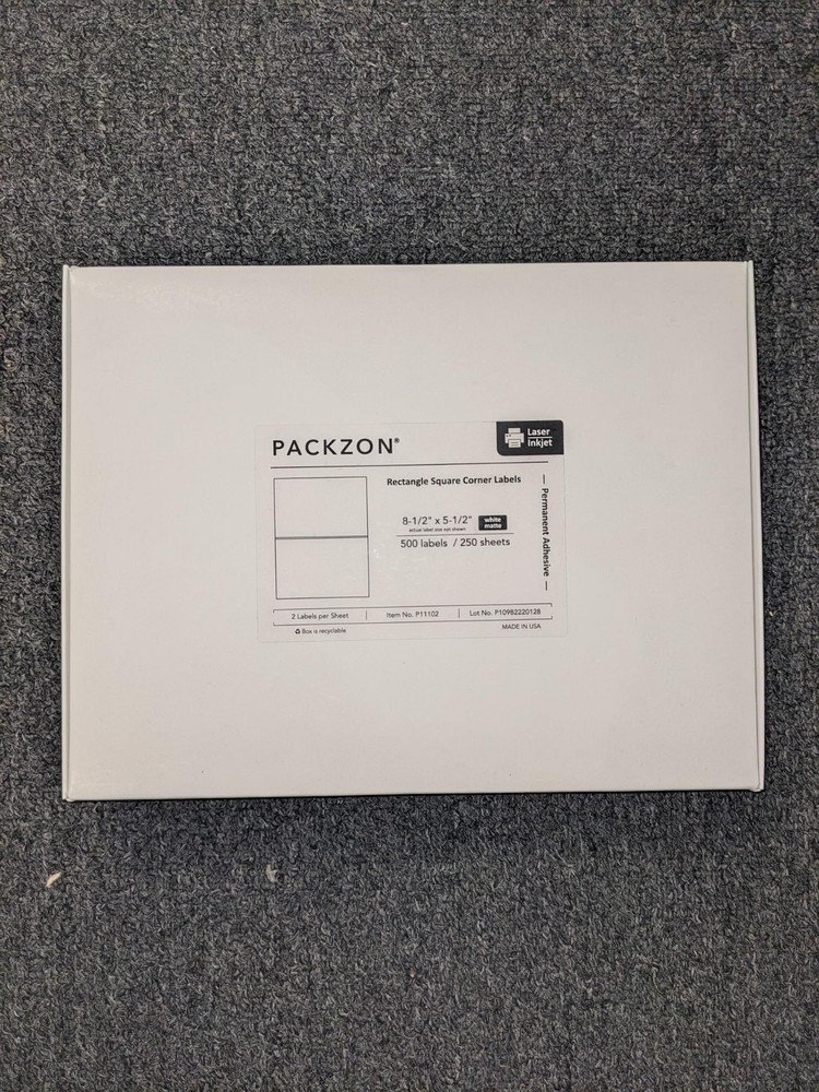 PACKZON Laser Inkjet Lables 500 Labels / 250 Sheets 8.5″ x 5.5″ Square Corner
