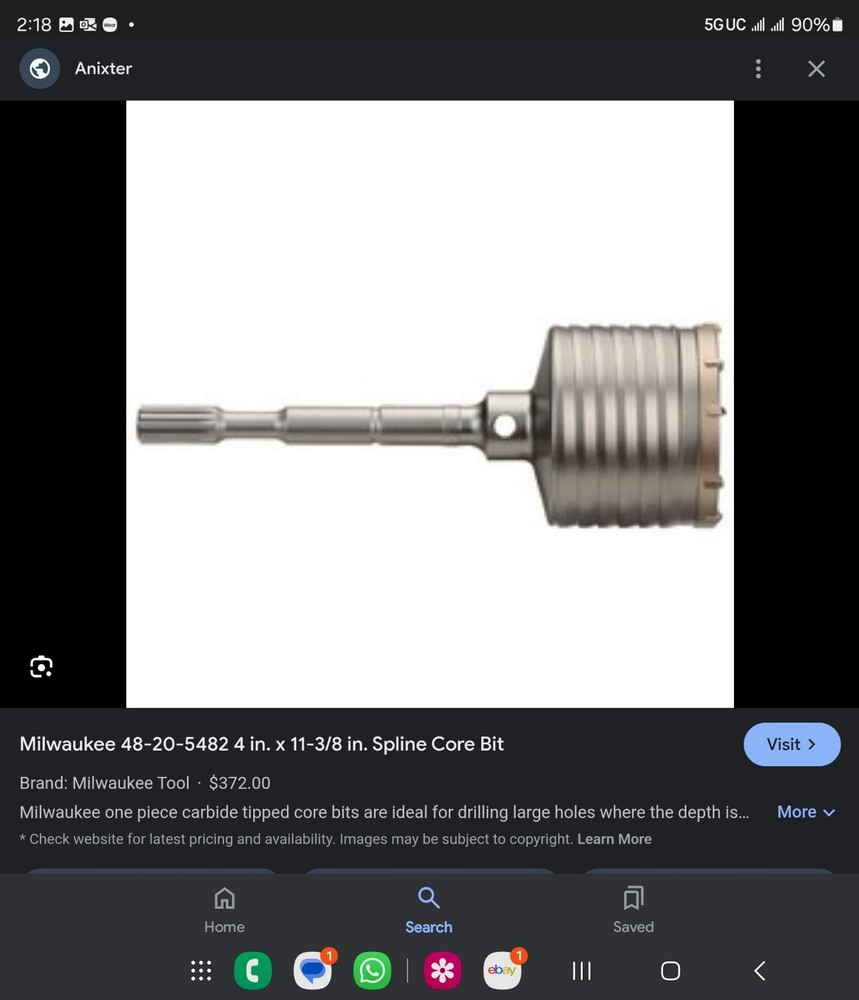 Milwaukee 48-20-5480 3-9/16 in. x 22 in. One Piece Spline Core Bit (693)