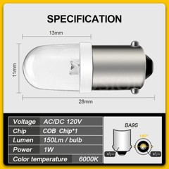 10pcs Miniature Bayonet 9mm BA9S LED Bulb BA9 Indicator Pilot Light 120V White