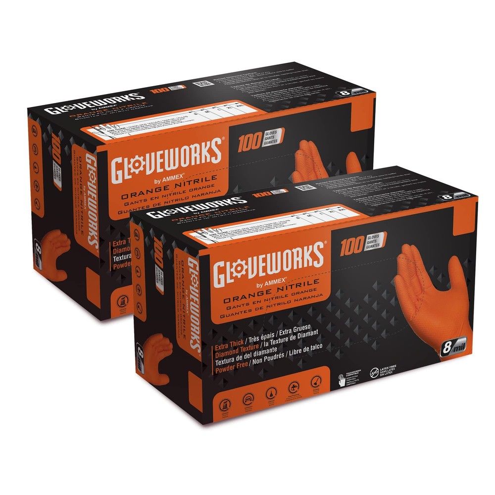 GLOVEWORKS 8 Mil Orange Nitrile Gloves, Large, 2 Boxes of 100