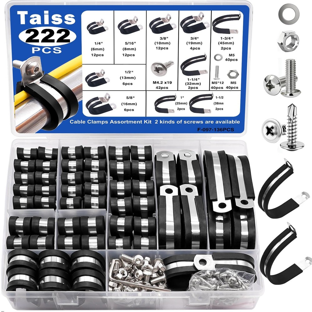 222PCS Stainless Steel Cable Clamps Assortment Kit, 10 Sizes