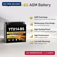 YTX14-BS 12V 14Ah AGM Sealed Motorcycle Battery, Maintenance-Free, Compatible wi