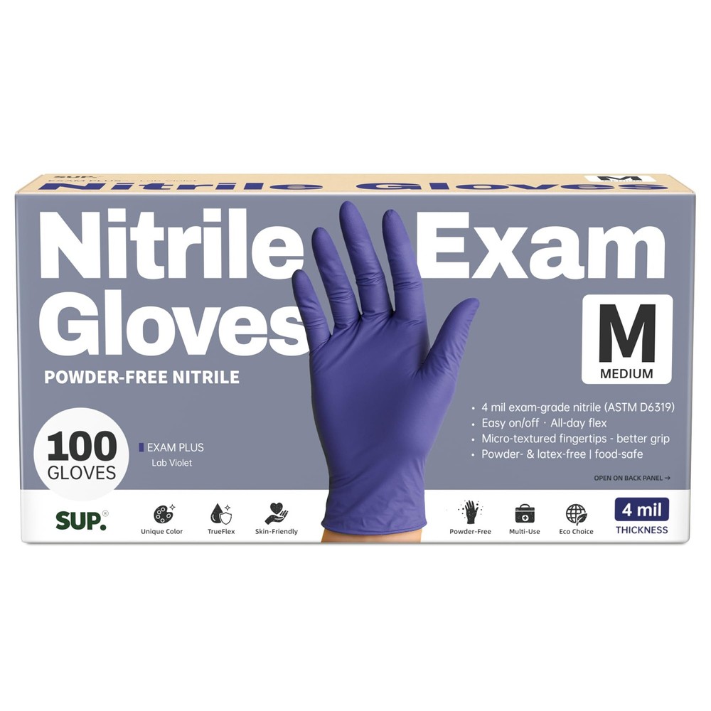 SUP Powder-Free Nitrile Exam Gloves, 100 Medium, 100 Medium (Blue Violet)