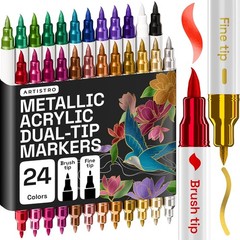 24 Metallic Acrylic Paint Markers – Paint Pens for Drawing, Brush + Fine Tips –