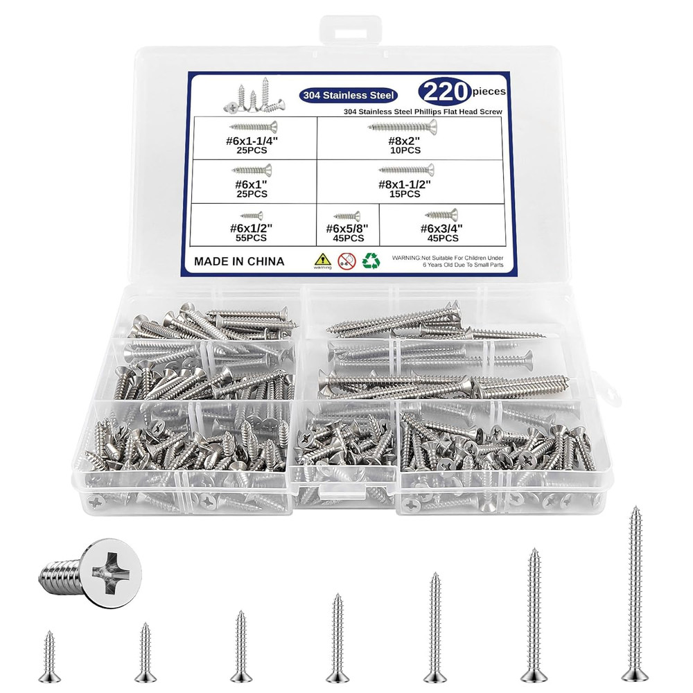 220 Pcs Wood Screws Assortment Kit, 304 Stainless Steel Screws, Phillips Drive F