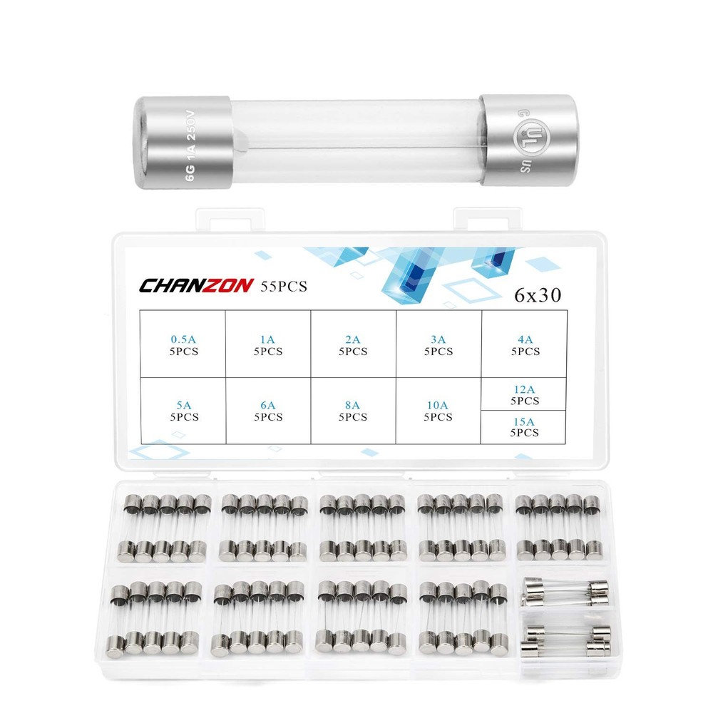 UL 11 Values 6x30mm Glass Fuse Kit 55pcs Fast Blow 125/250V 0.5A-15A Assortment