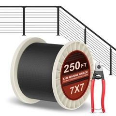250FT 1/8″ Black Stainless Steel Cable, T316 Marine Grade Wire Rope, 1850lbs Str
