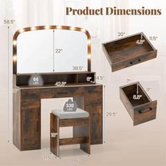 2-Piece Rustic Brown Makeup Vanity Set with Large Mirror 3-Color Lights for Bedr