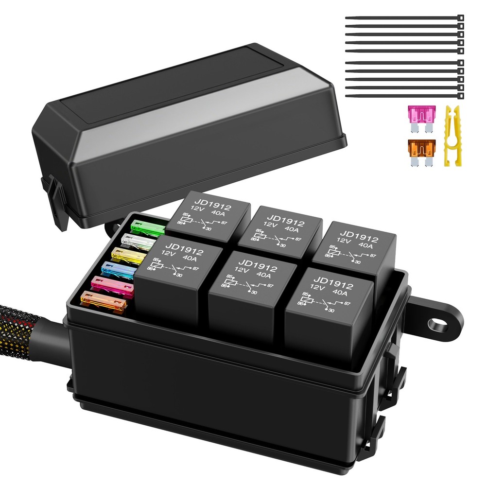 Universal 12V 6-Way Relay Fuse Box Pre-Wired 6 Slot ATC/ATO Fuse Relay Panel Car