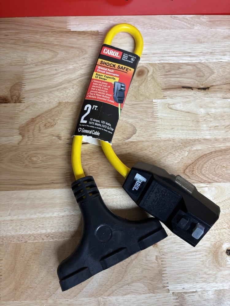 CAROL Shock Safe GFCI Adapter 15 AMP 125 Volts 12 Gauge 3-way Heavy Duty 2ft