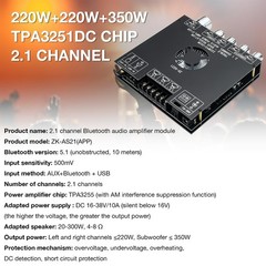 ZKAS21 TPA3255 Bluetooth 5.1 Power Amplifier Board HiFi 2.1 Channel 220Wx2+35…