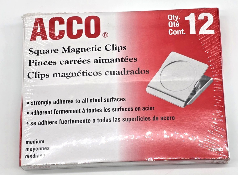12 Pack ACCO Square Magnetic Clip Medium 1″ Capacity 1-3/4″ Wide #72132