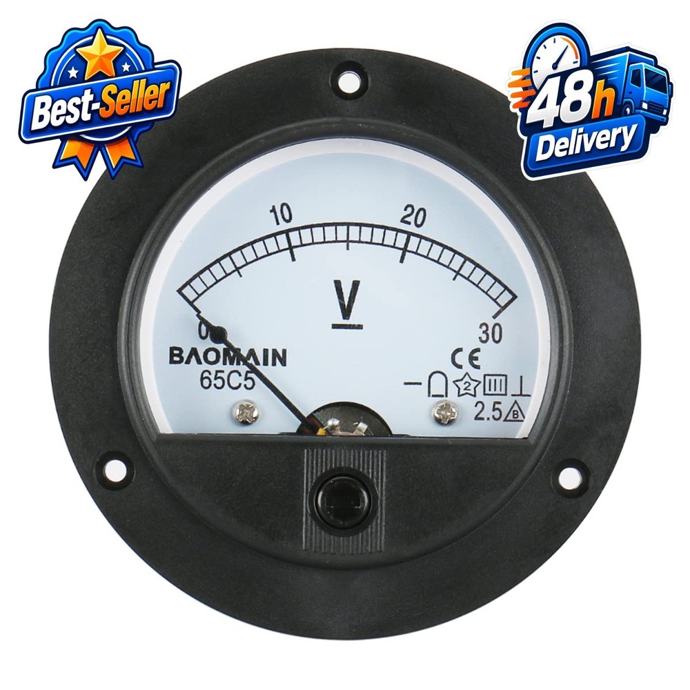 Baomain DC 30V Round Voltmeter Analog Panel Meter 65C5