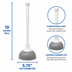 19 Inch Toilet Plunger Bathroom Drain Clog Remover Gray White Compact Handle