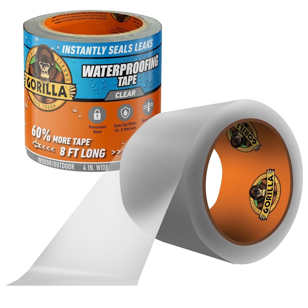 Gorilla Waterproof Patch & Seal Tape, Clear Tape, 4″ x 8′ (Pack of 1) Permanent