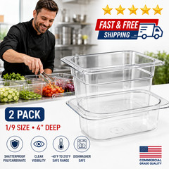 2 Pack 1/9 Size 4″ Deep Food Pan, Clear Polycarbonate Pan – Free Shipping