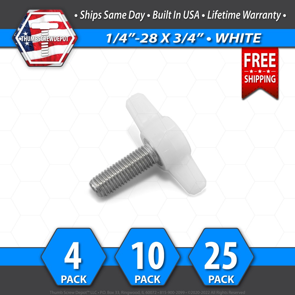 1/4″-28 x 3/4″ Thumb Screw Stainless Steel – White Tee / Wing Knob – USA