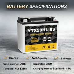 YTX20HL-BS Motorcycle Battery 12V 18Ah 310CCA, Maintenance Free Sealed AGM Po…