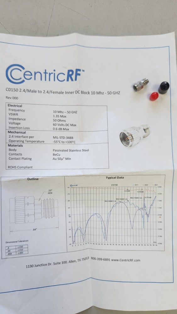 DC BLOCK 10MHz to 50GHz C0150 CENTRIC RF 2.4mm 60V DC 50ohm NEW